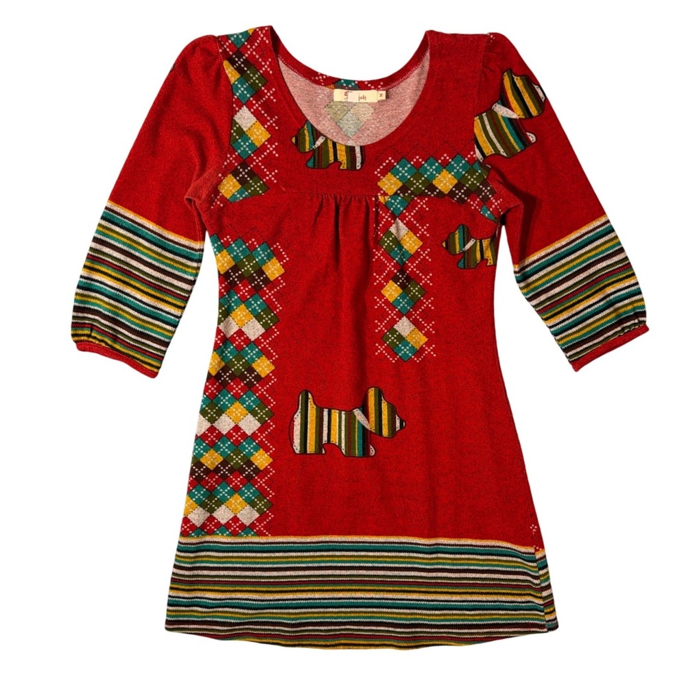 Aryeh‎ Women Red Tunic Scottie Dog Argyle Stripe Empire Waist 3/4 Sleeve Size M